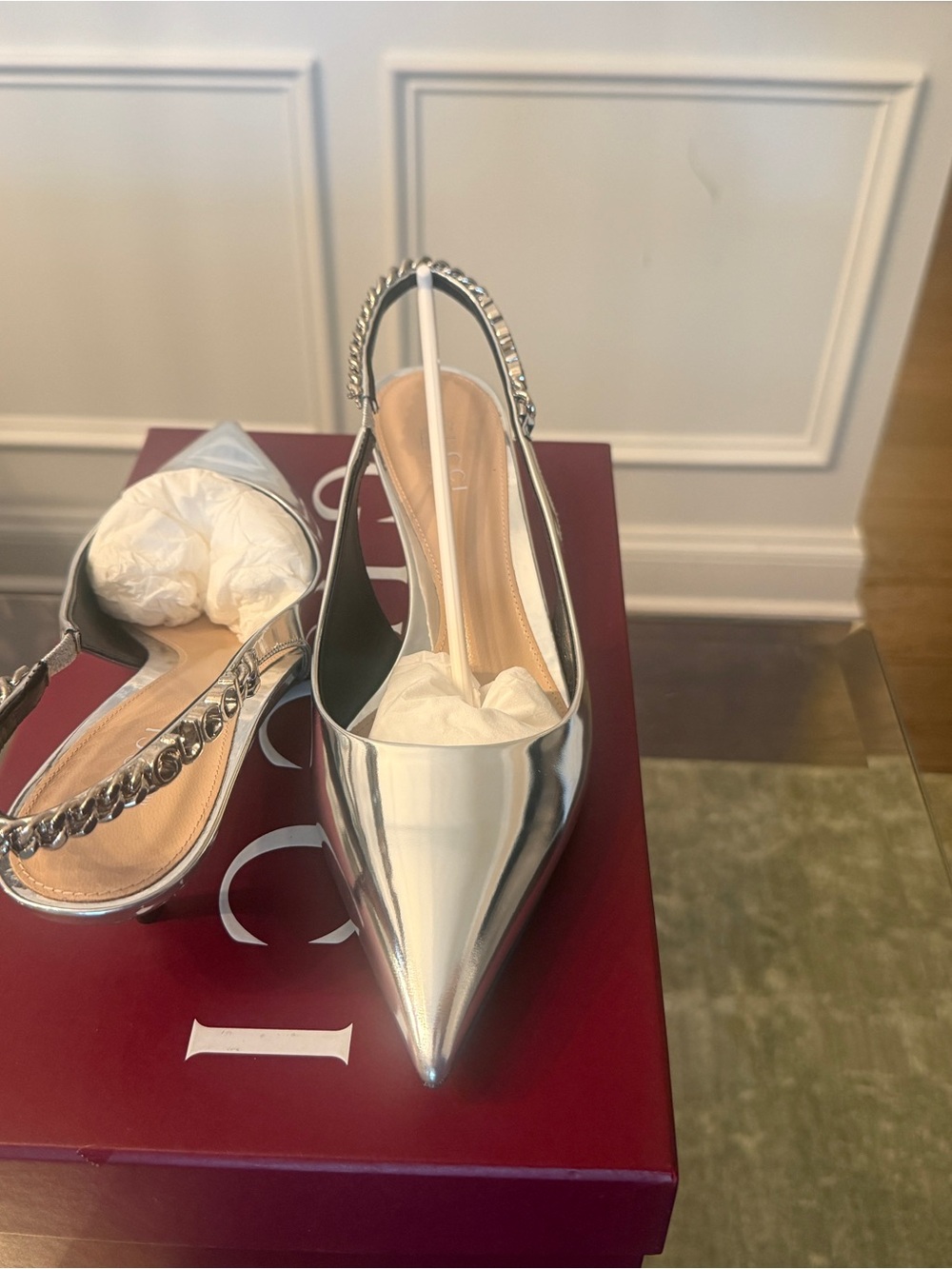 Gucci Silver Pointed Slingback Kitten Heel Pumps